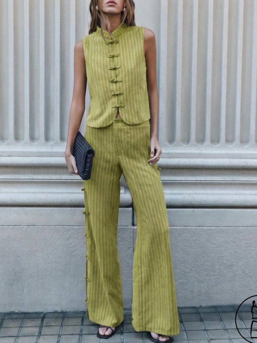 Green Casual Women's Sleeveless Vest And Wide-Leg Pants Set